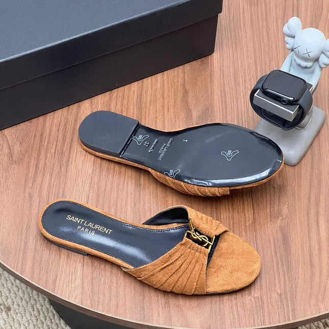 YSL 26S SLIDES IN CAMEL BROWN SUEDE