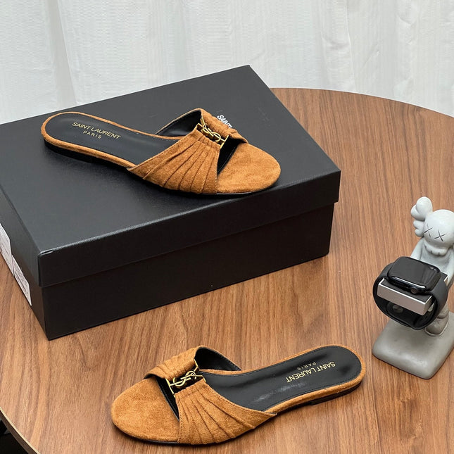 YSL 26S SLIDES IN CAMEL BROWN SUEDE