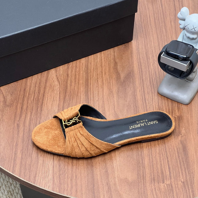 YSL 26S SLIDES IN CAMEL BROWN SUEDE