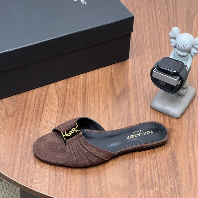 YSL 26S SLIDES IN DARK BROWN SUEDE