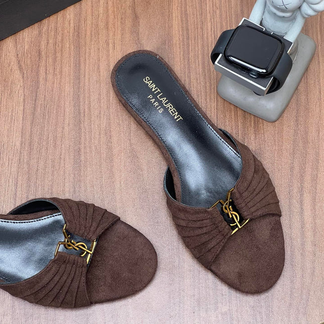 YSL 26S SLIDES IN DARK BROWN SUEDE