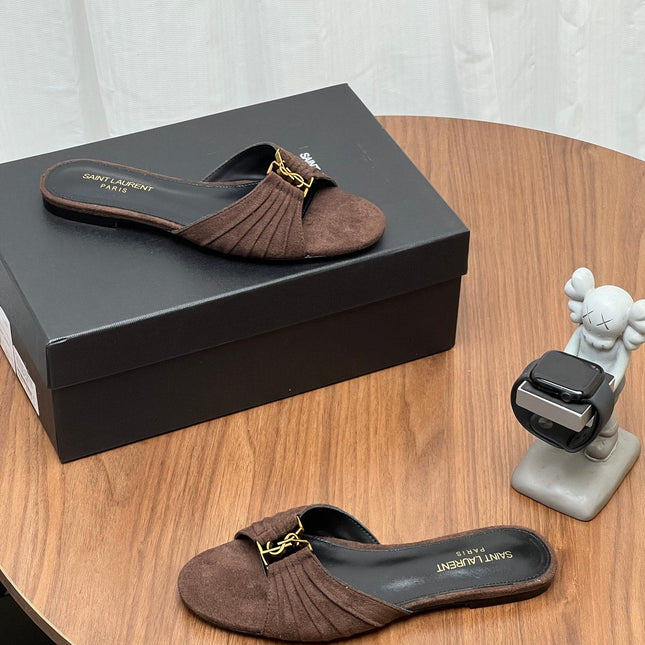 YSL 26S SLIDES IN DARK BROWN SUEDE