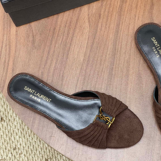 YSL 26S SLIDES IN DARK BROWN SUEDE