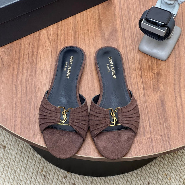 YSL 26S SLIDES IN DARK BROWN SUEDE