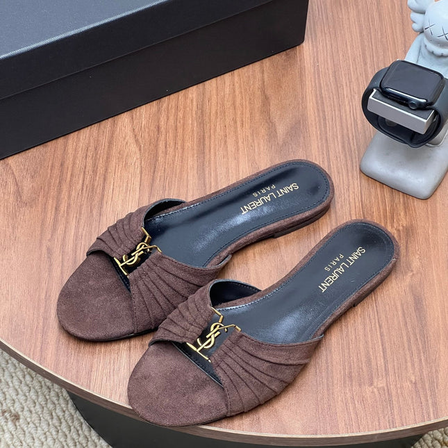 YSL 26S SLIDES IN DARK BROWN SUEDE