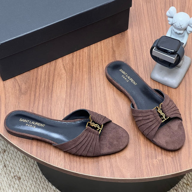 YSL 26S SLIDES IN DARK BROWN SUEDE