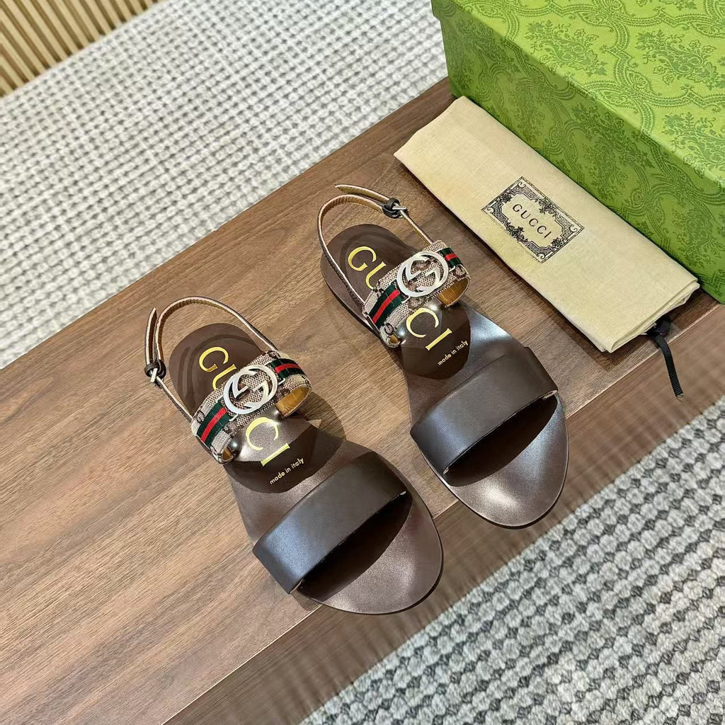 GUCCI 26S STRAP FLAT SANDALS IN DARK BROWN CALFSKIN GOLD HARDWARE