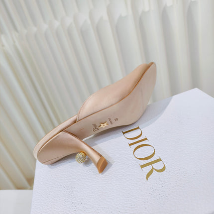 DIOR EMBELLISHED HIGH HEEL SLIDES 25S IN LIGHT BEIGE SATIN