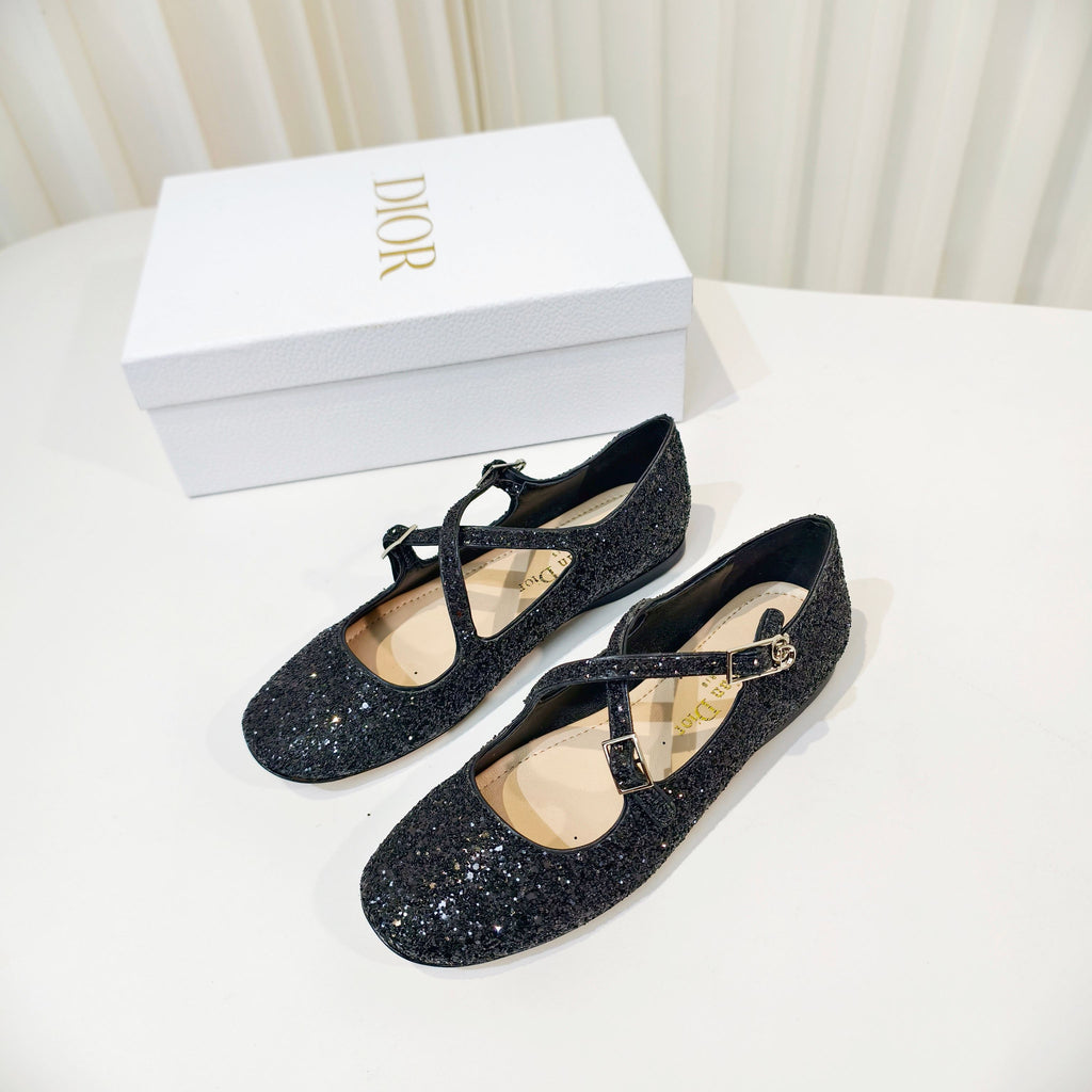 DIOR 26S MARY JANE FLATS IN BLACK SEQUIN EMBROIDERED FABRIC