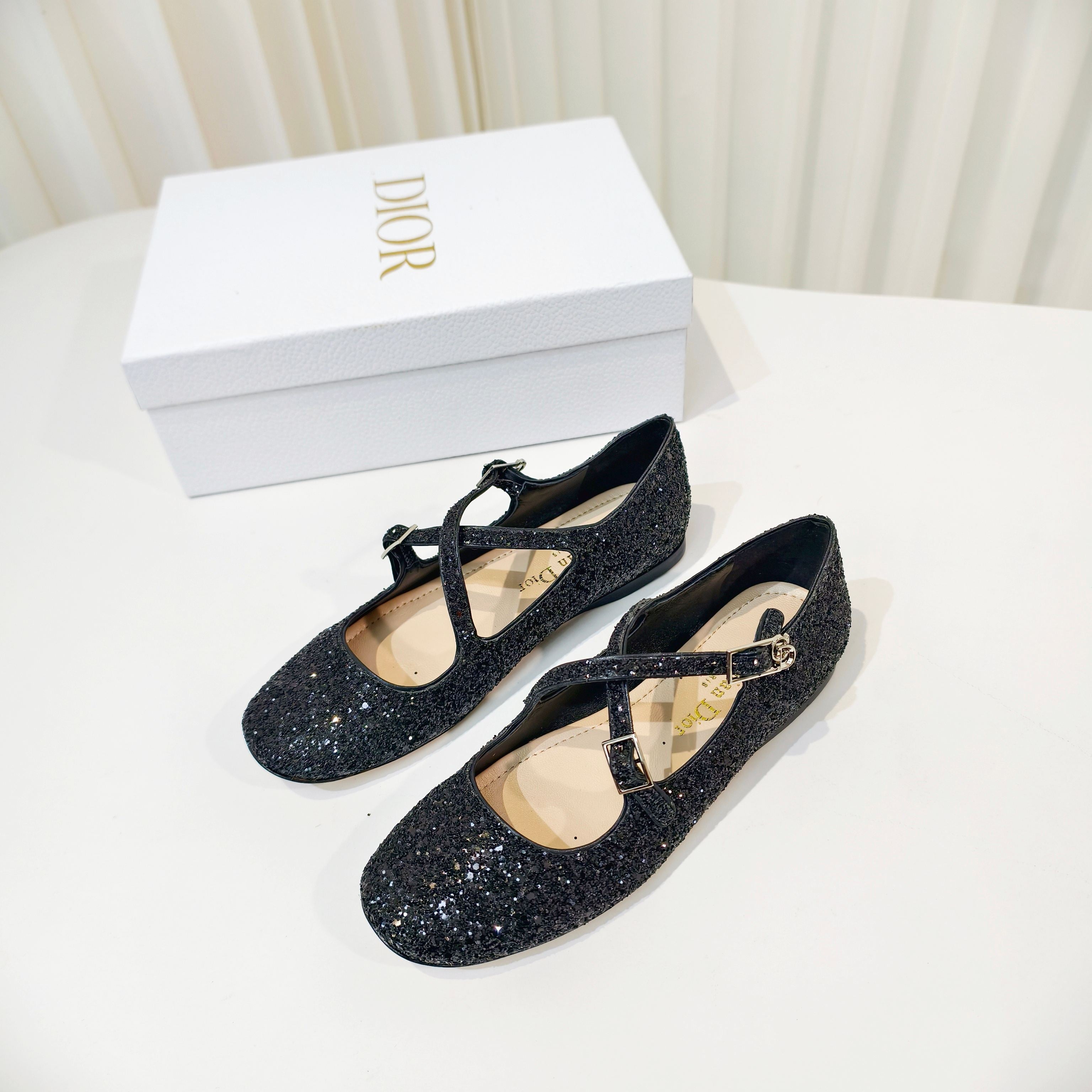 DIOR 26S MARY JANE FLATS IN BLACK SEQUIN EMBROIDERED FABRIC