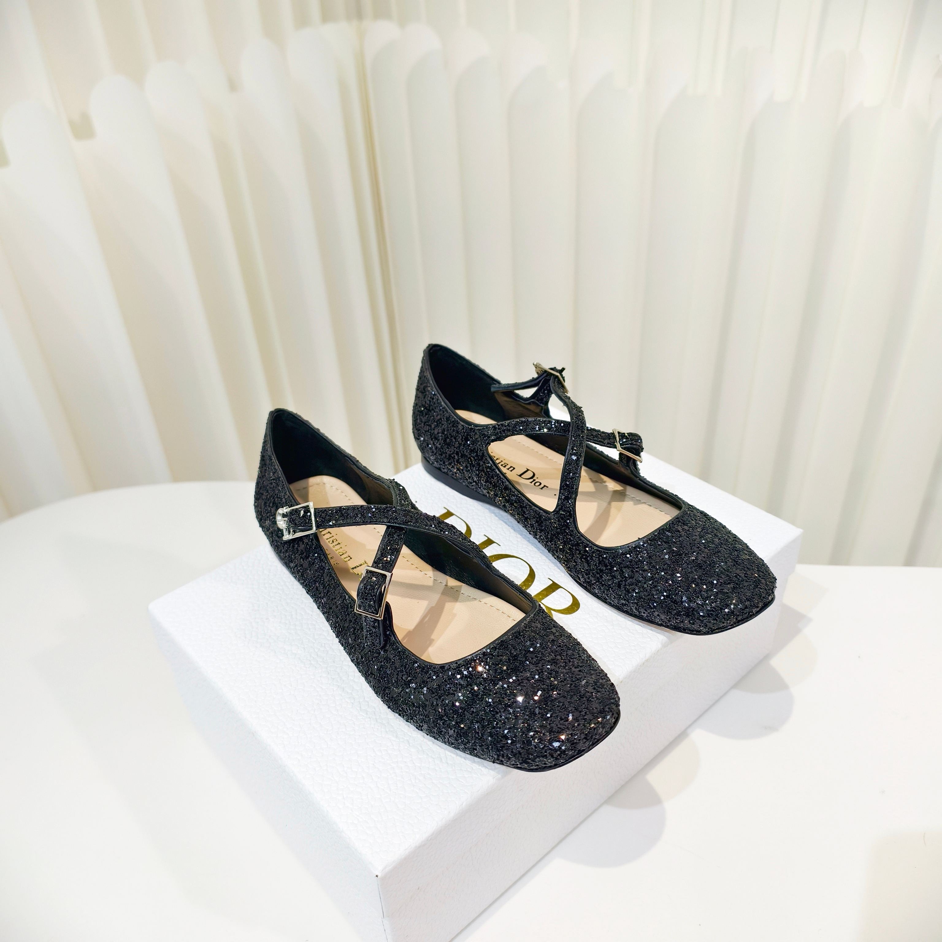 DIOR 26S MARY JANE FLATS IN BLACK SEQUIN EMBROIDERED FABRIC
