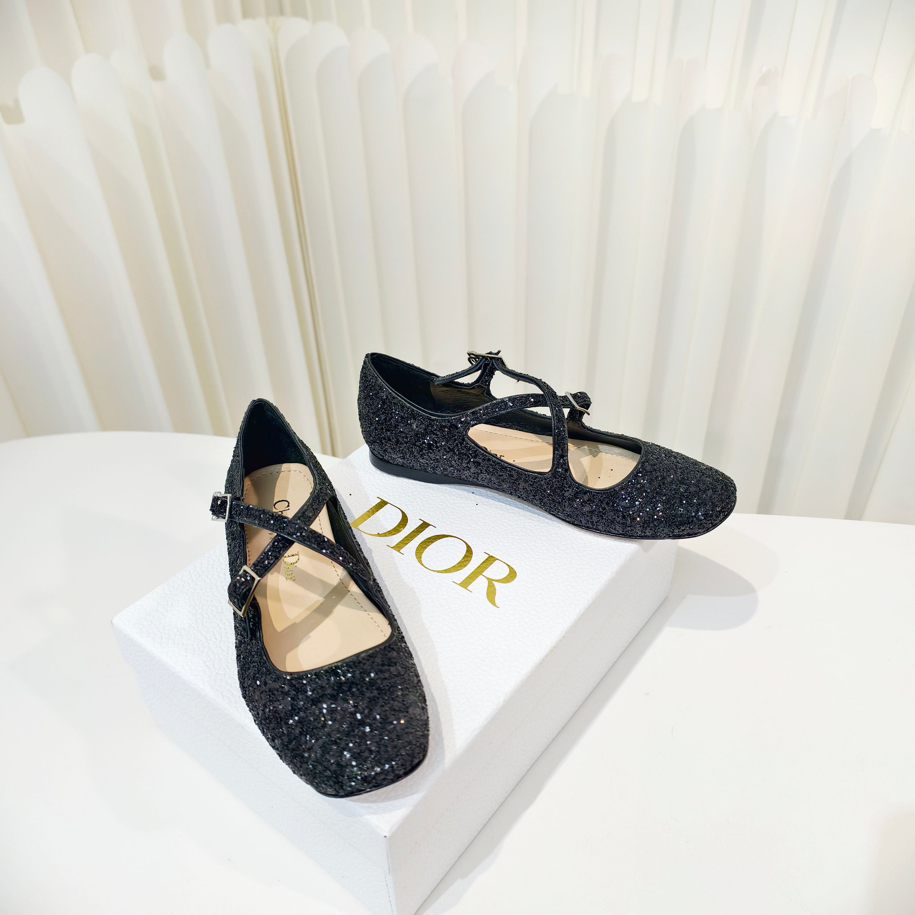 DIOR 26S MARY JANE FLATS IN BLACK SEQUIN EMBROIDERED FABRIC