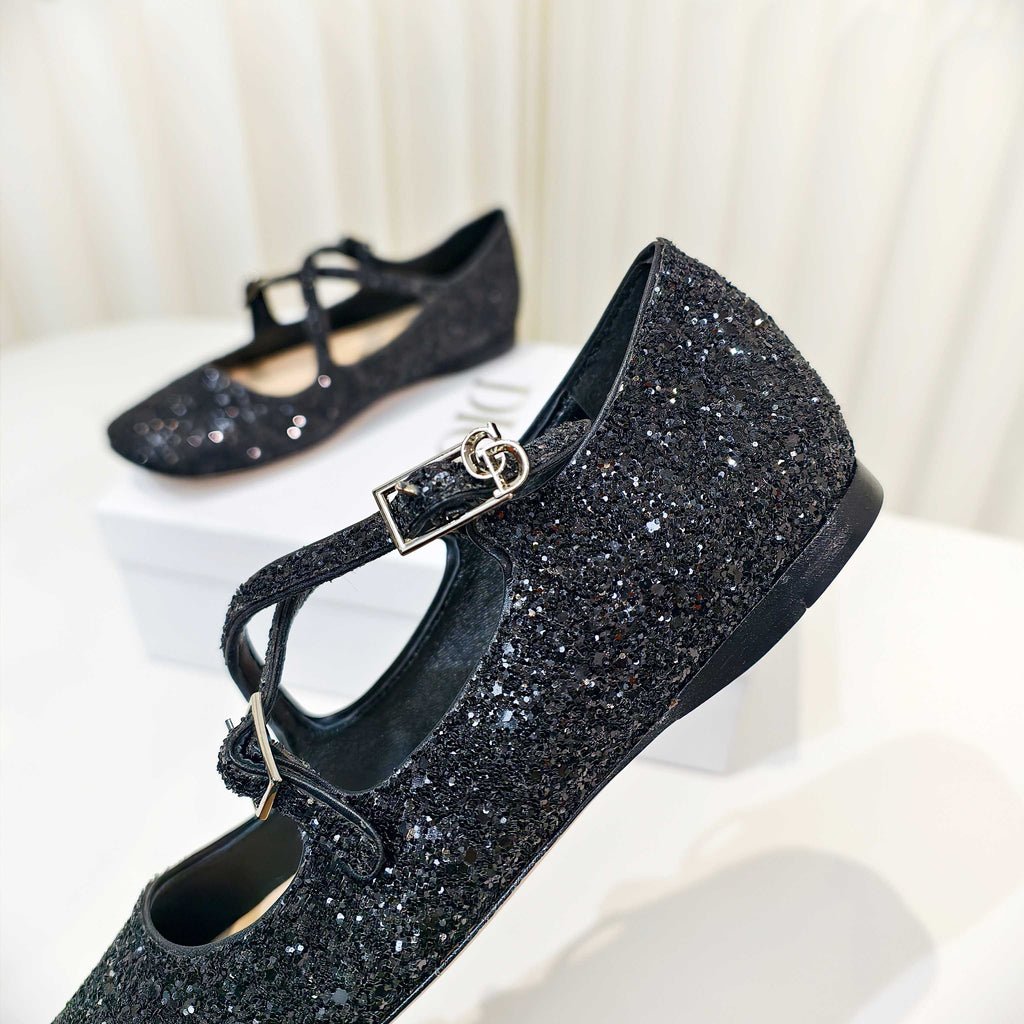 DIOR 26S MARY JANE FLATS IN BLACK SEQUIN EMBROIDERED FABRIC