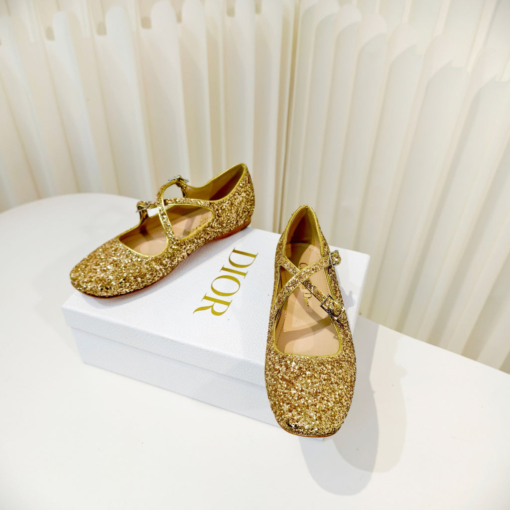DIOR 26S MARY JANE FLATS IN GOLD SEQUIN EMBROIDERED FABRIC