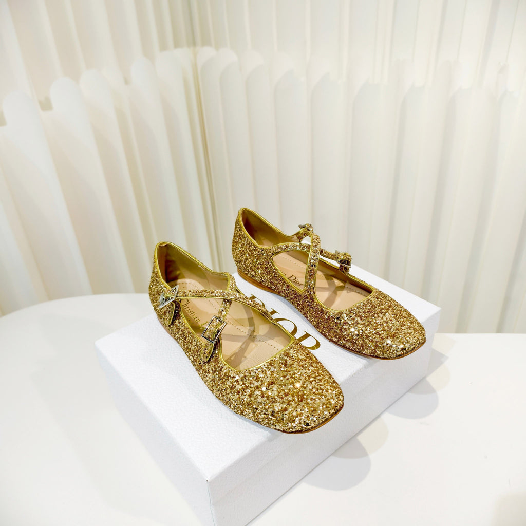 DIOR 26S MARY JANE FLATS IN GOLD SEQUIN EMBROIDERED FABRIC