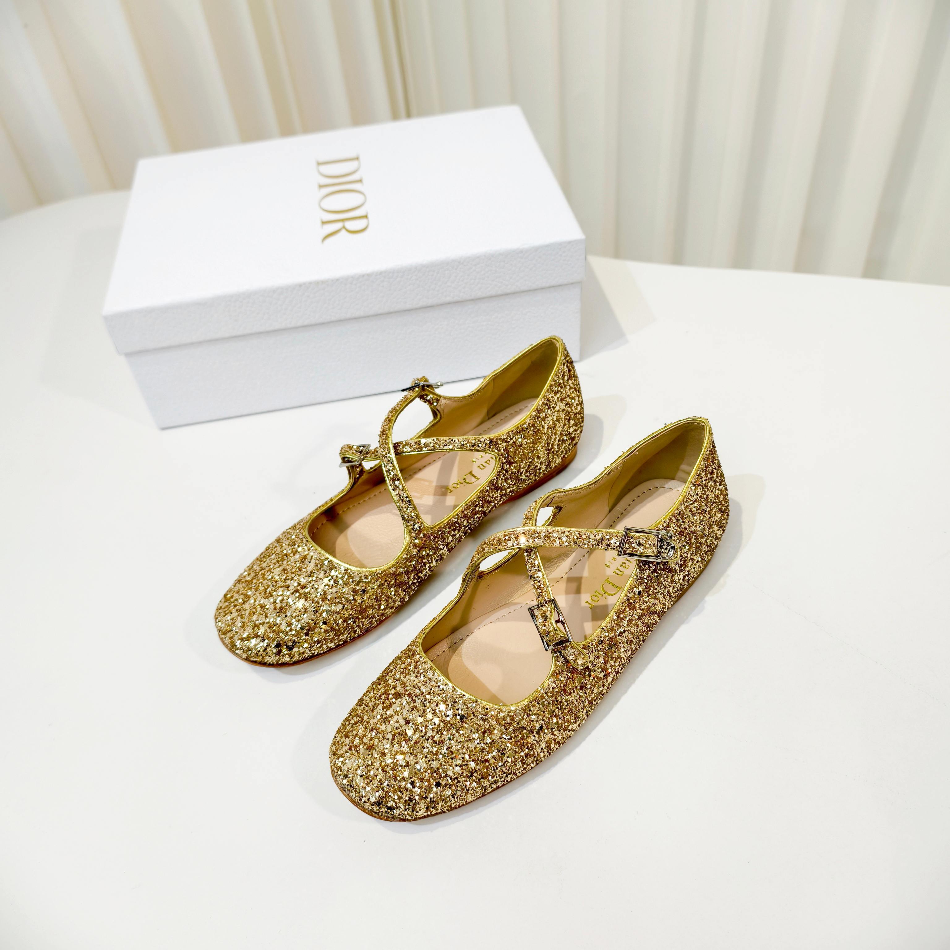 DIOR 26S MARY JANE FLATS IN GOLD SEQUIN EMBROIDERED FABRIC