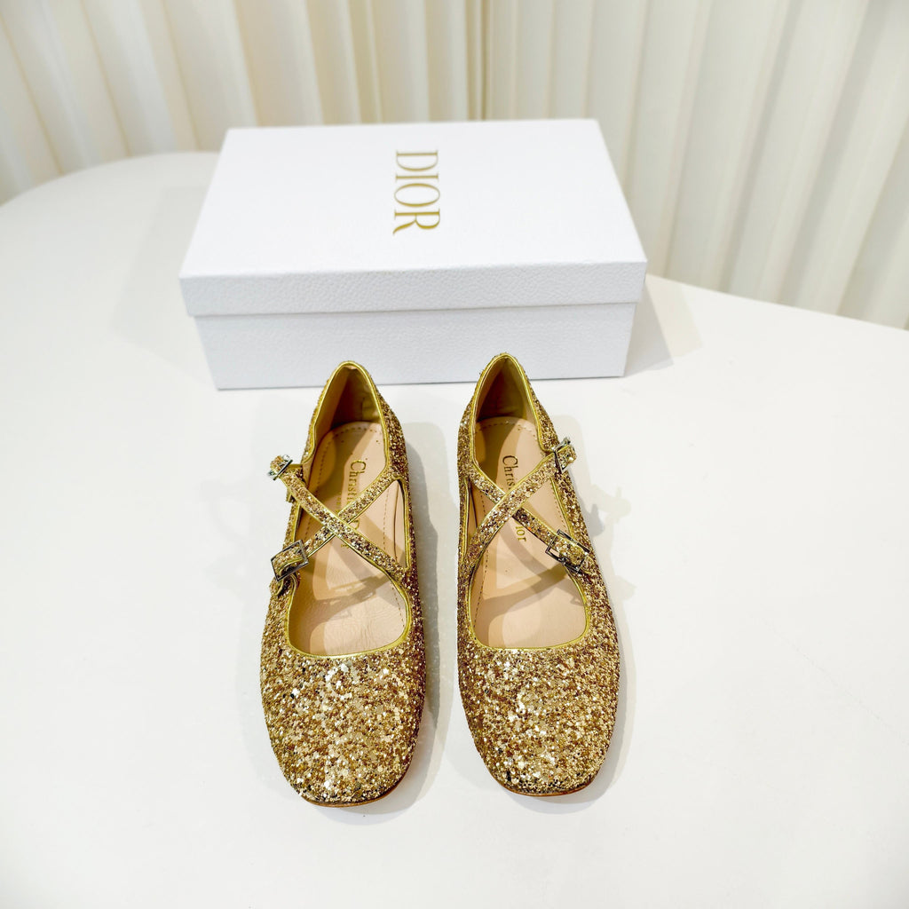 DIOR 26S MARY JANE FLATS IN GOLD SEQUIN EMBROIDERED FABRIC