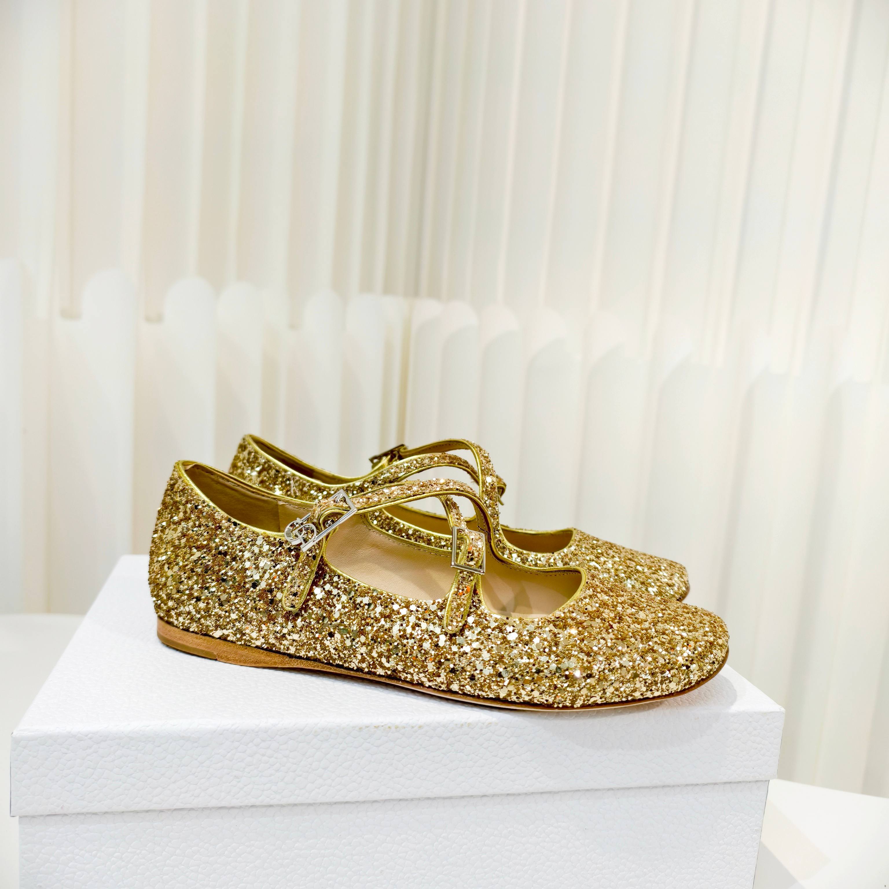 DIOR 26S MARY JANE FLATS IN GOLD SEQUIN EMBROIDERED FABRIC