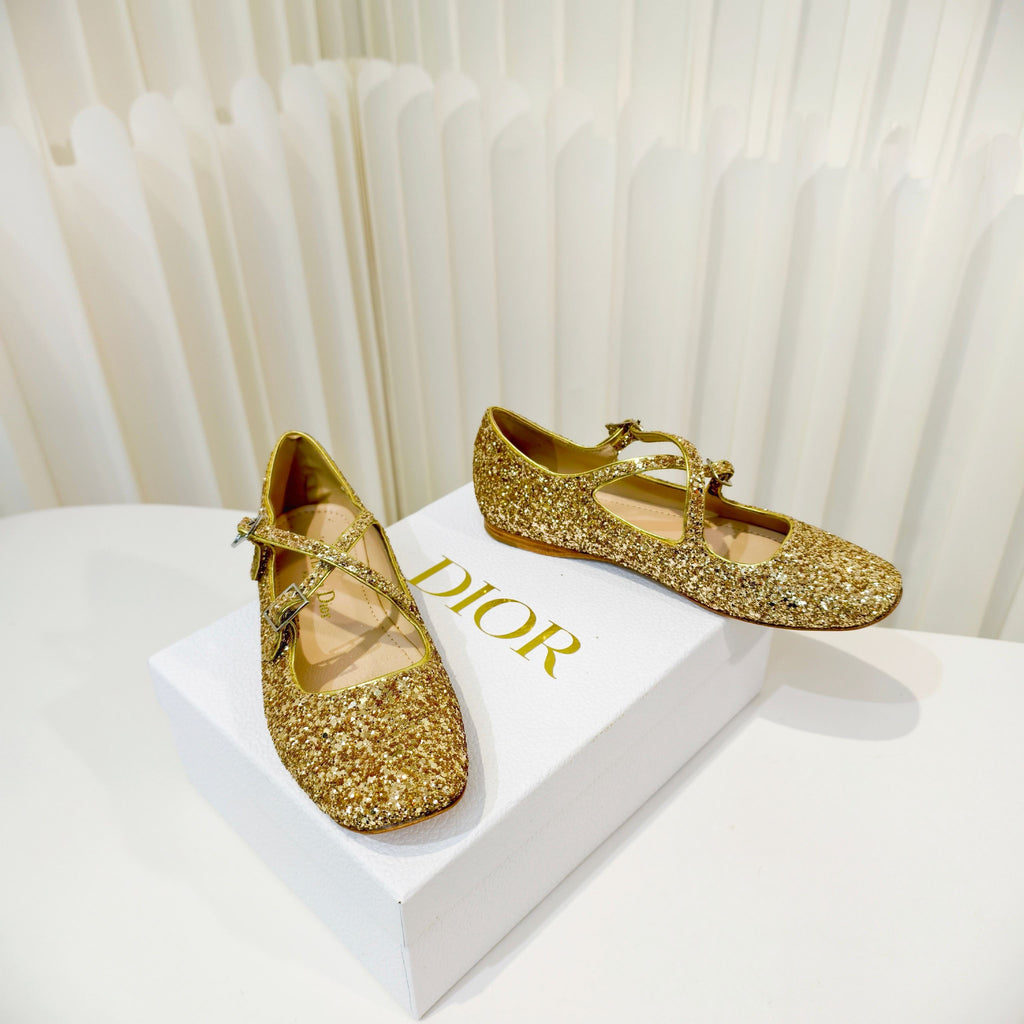 DIOR 26S MARY JANE FLATS IN GOLD SEQUIN EMBROIDERED FABRIC