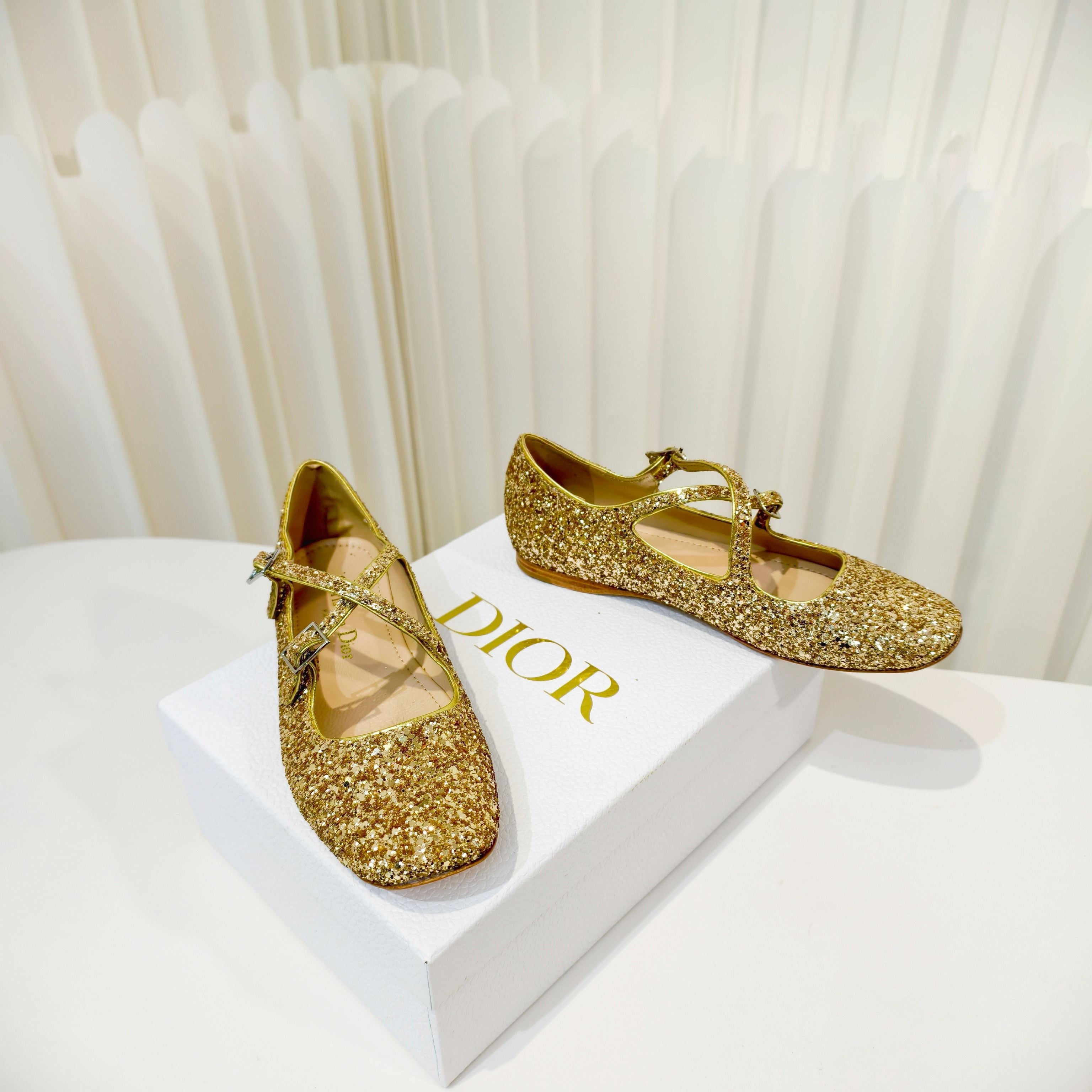 DIOR 26S MARY JANE FLATS IN GOLD SEQUIN EMBROIDERED FABRIC