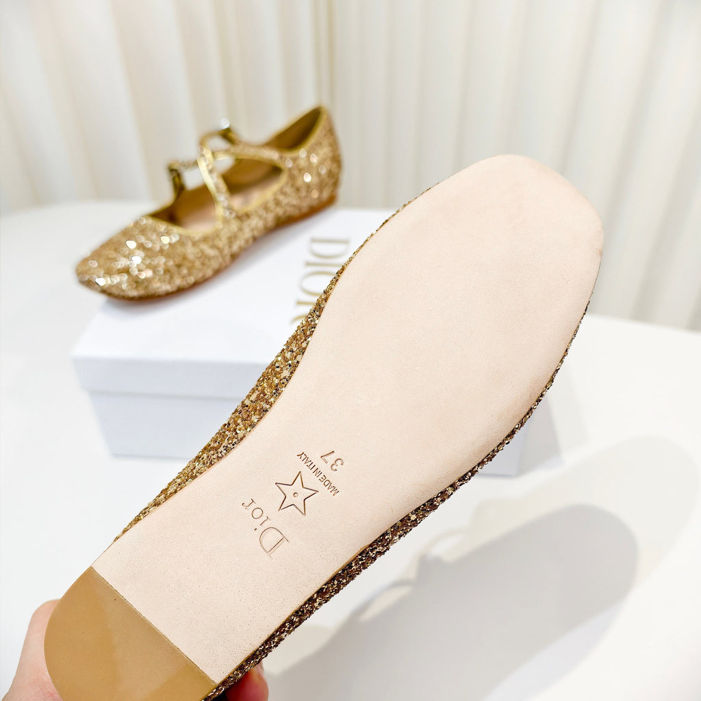 DIOR 26S MARY JANE FLATS IN GOLD SEQUIN EMBROIDERED FABRIC