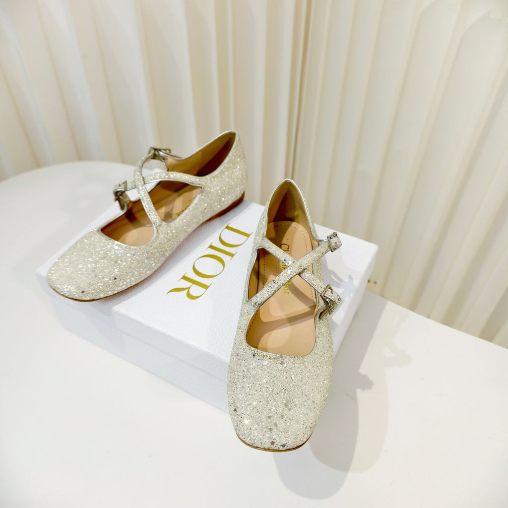 DIOR 26S MARY JANE FLATS IN SILVER SEQUIN EMBROIDERED FABRIC