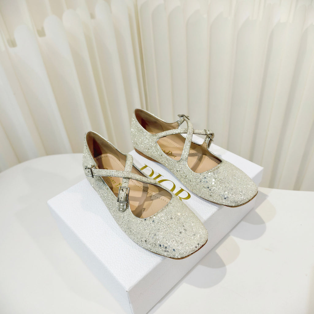 DIOR 26S MARY JANE FLATS IN SILVER SEQUIN EMBROIDERED FABRIC