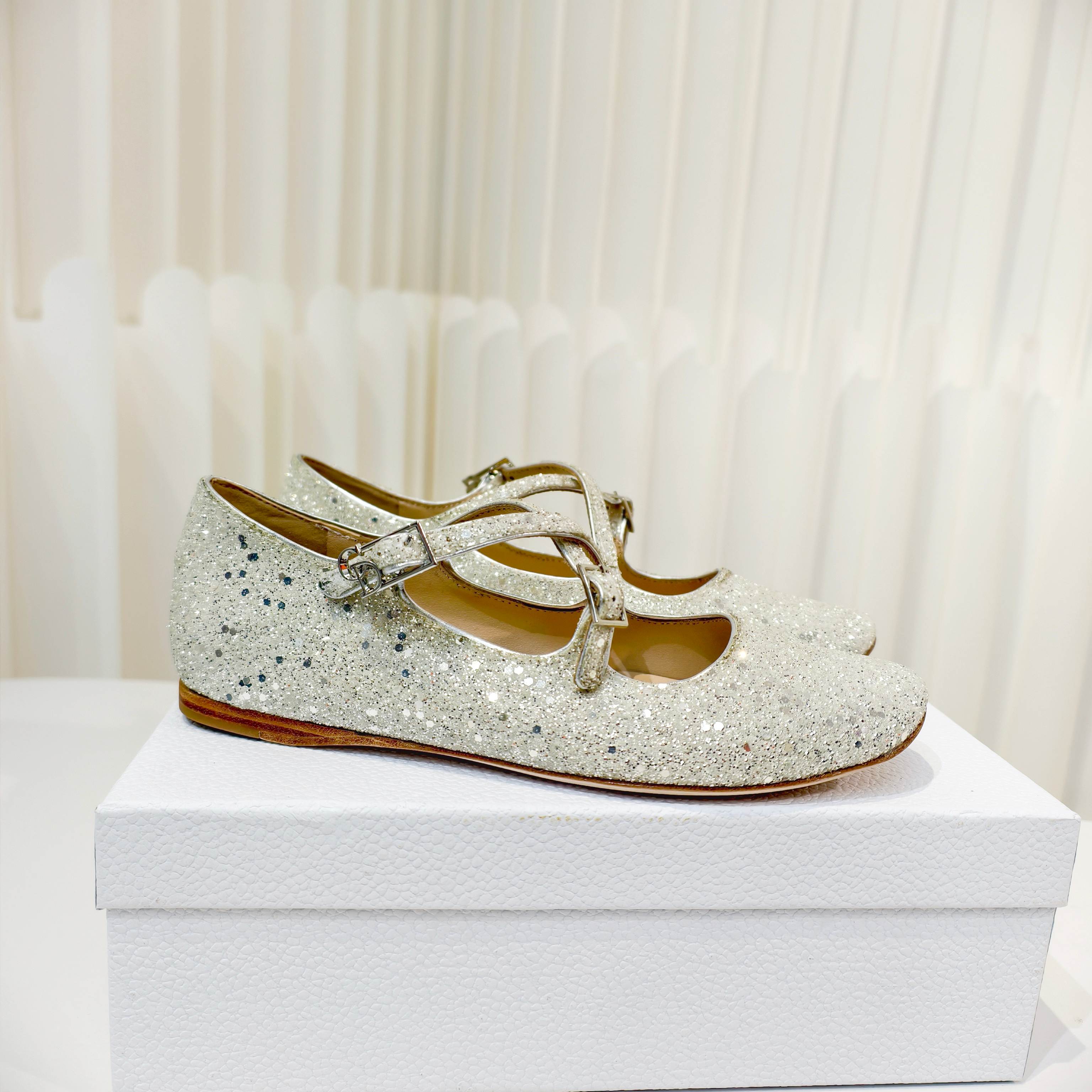 DIOR 26S MARY JANE FLATS IN SILVER SEQUIN EMBROIDERED FABRIC