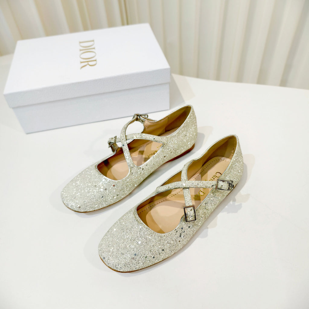DIOR 26S MARY JANE FLATS IN SILVER SEQUIN EMBROIDERED FABRIC