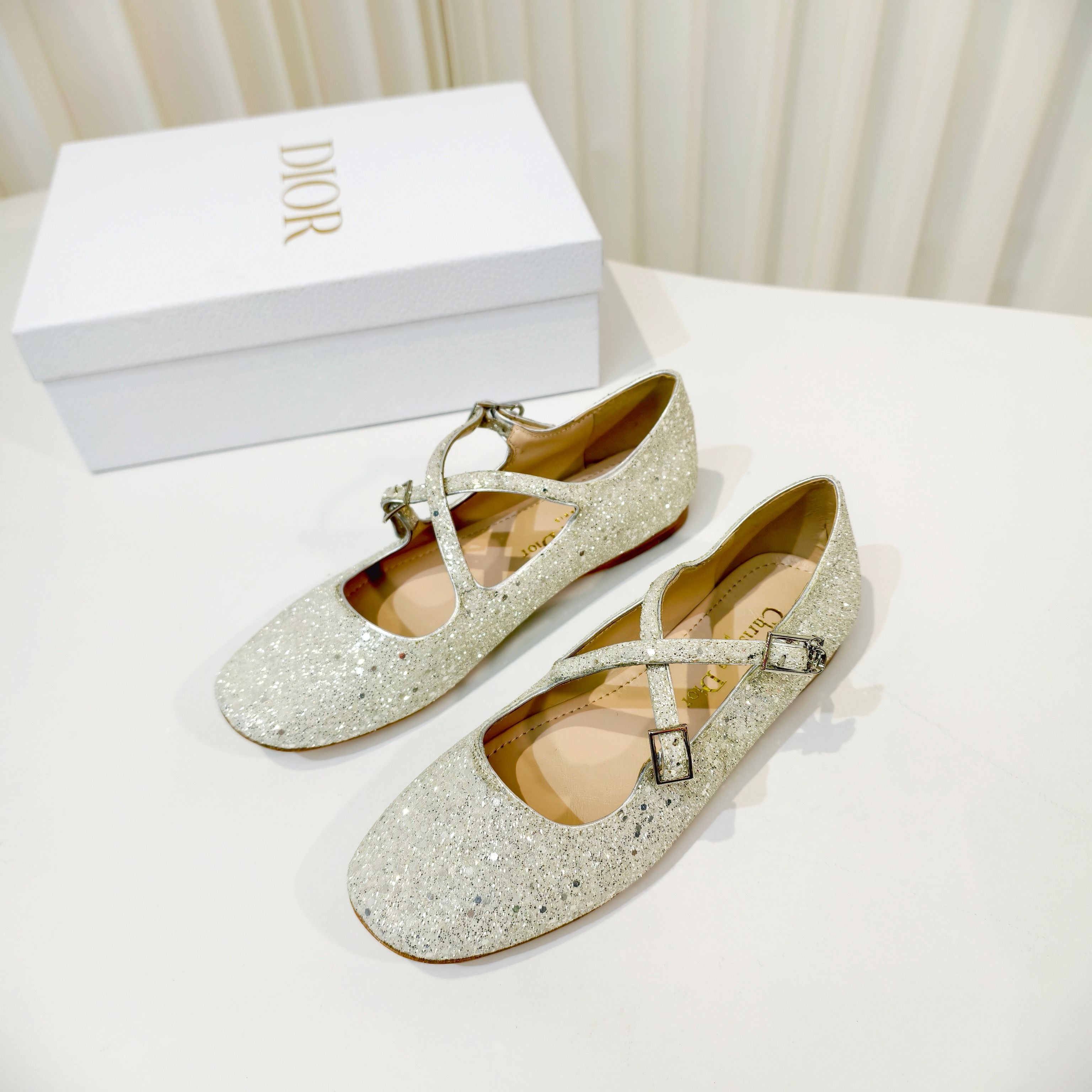 DIOR 26S MARY JANE FLATS IN SILVER SEQUIN EMBROIDERED FABRIC