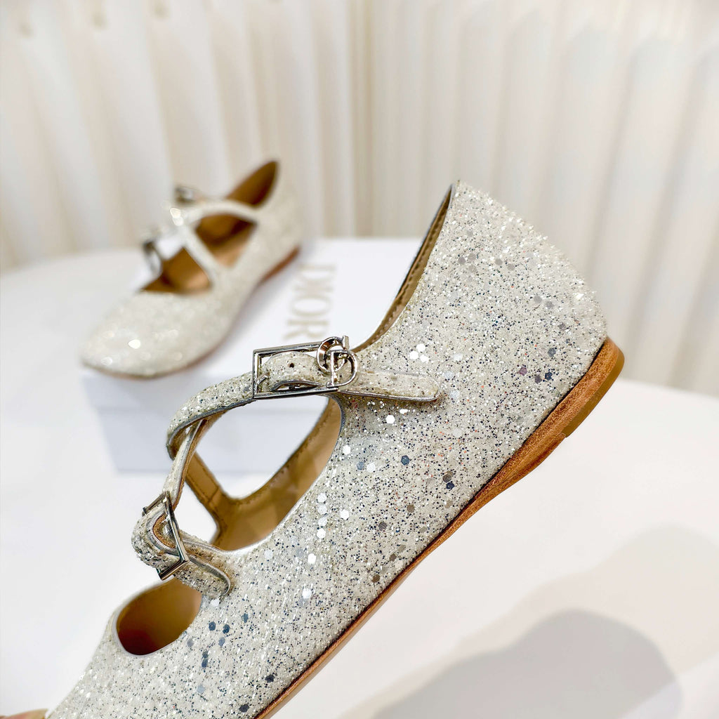 DIOR 26S MARY JANE FLATS IN SILVER SEQUIN EMBROIDERED FABRIC