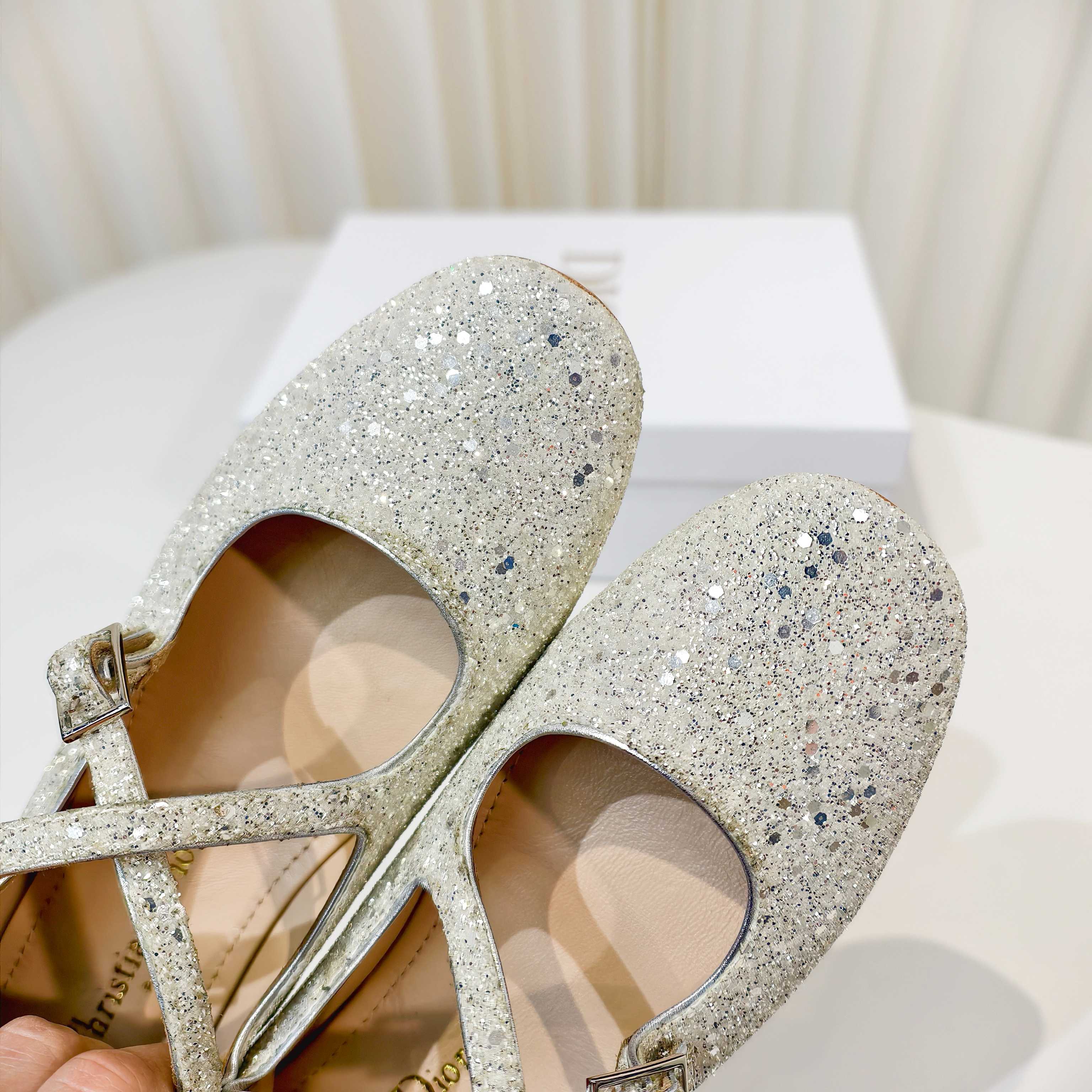 DIOR 26S MARY JANE FLATS IN SILVER SEQUIN EMBROIDERED FABRIC
