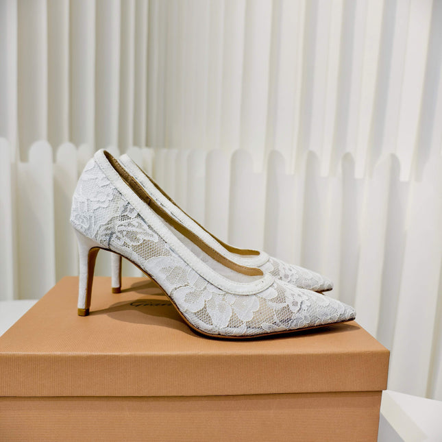 GIANVITO ROSSI 26S HIGH HEELS 85 MM IN WHITE LACE FABRIC