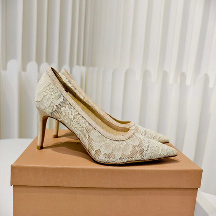 GIANVITO ROSSI 26S HIGH HEELS 85 MM IN BEIGE LACE FABRIC