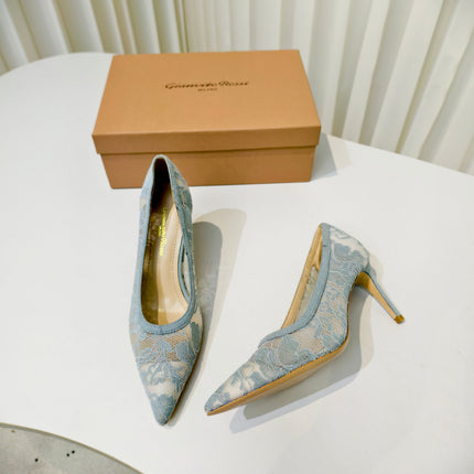 GIANVITO ROSSI 26S HIGH HEELS 85 MM IN PASTEL BLUE LACE FABRIC