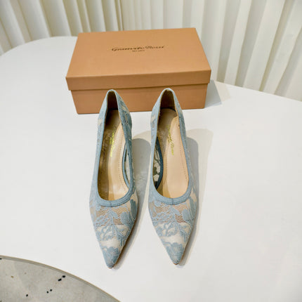 GIANVITO ROSSI 26S HIGH HEELS 85 MM IN PASTEL BLUE LACE FABRIC