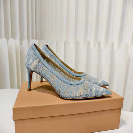 GIANVITO ROSSI 26S HIGH HEELS 85 MM IN PASTEL BLUE LACE FABRIC