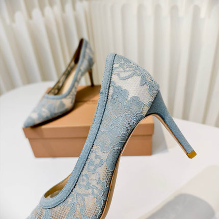 GIANVITO ROSSI 26S HIGH HEELS 85 MM IN PASTEL BLUE LACE FABRIC