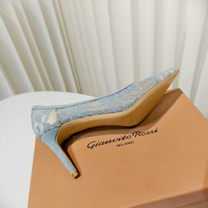 GIANVITO ROSSI 26S HIGH HEELS 85 MM IN PASTEL BLUE LACE FABRIC