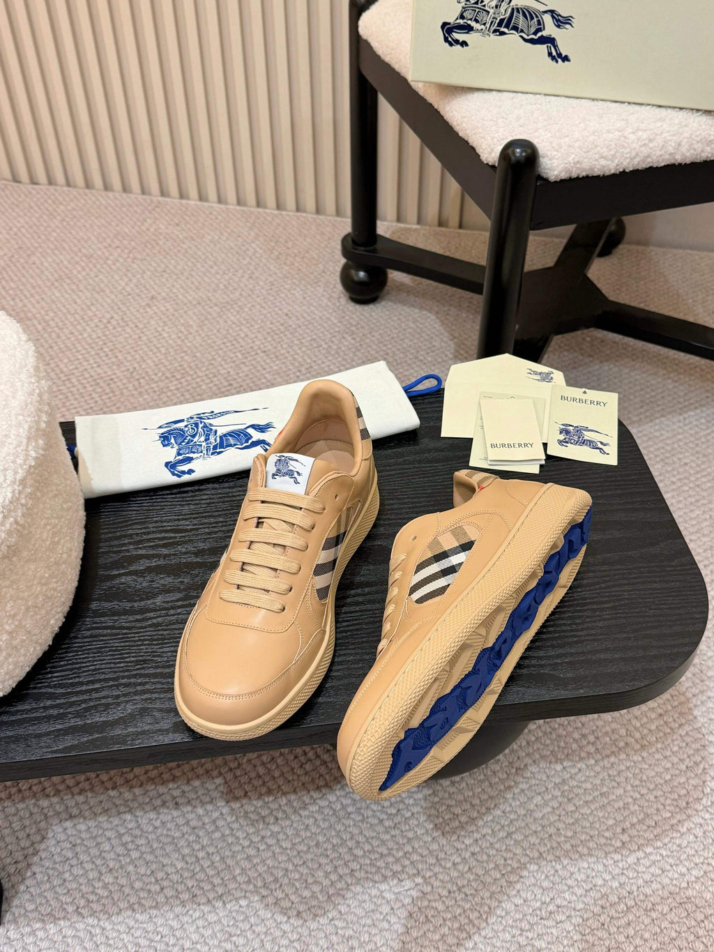 BURBERRY 26S SNEAKERS IN LIGHT BROWN AND BLACK CALFSKIN