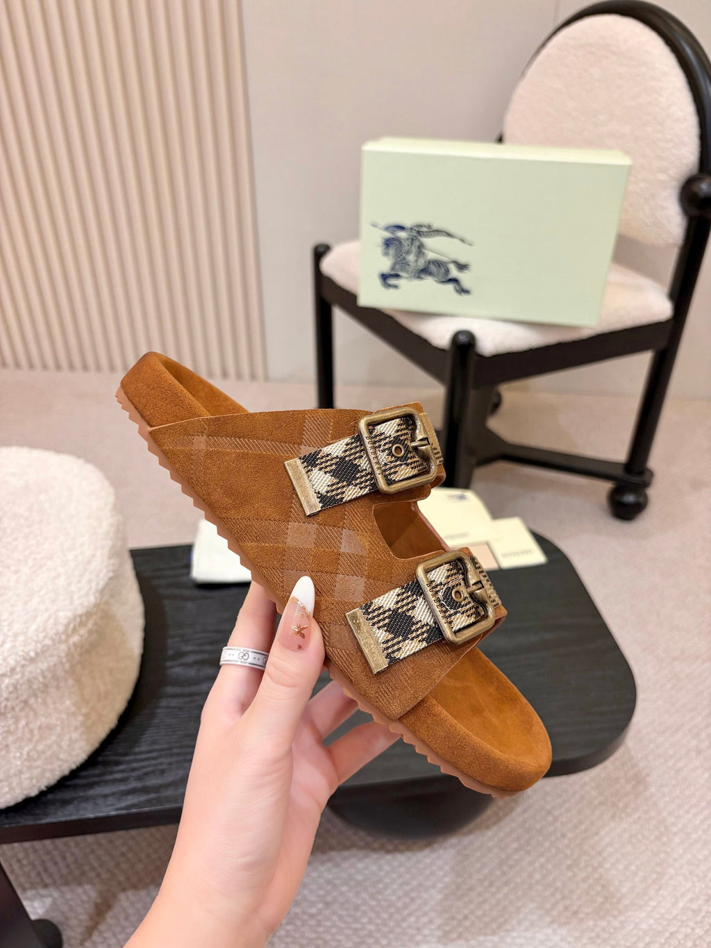BURBERRY 26S DOUBLE BUCKLE SANDALS IN ORANGE BROWN SUEDE