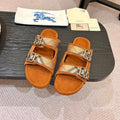 BURBERRY 26S DOUBLE BUCKLE SANDALS IN ORANGE BROWN SUEDE