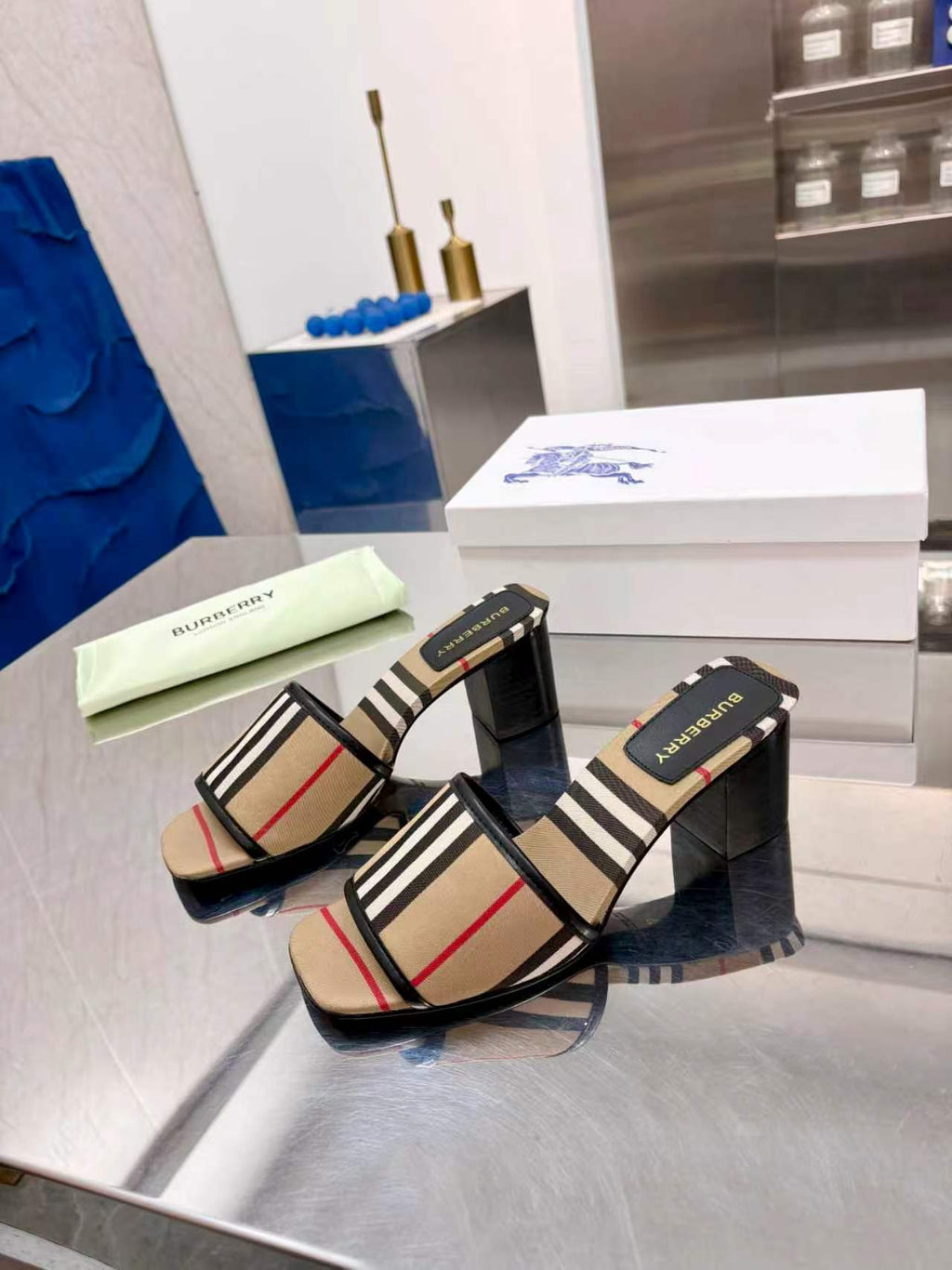 BURBERRY 26S HIGH HEEL SANDALS 55MM IN BEIGE CANVAS