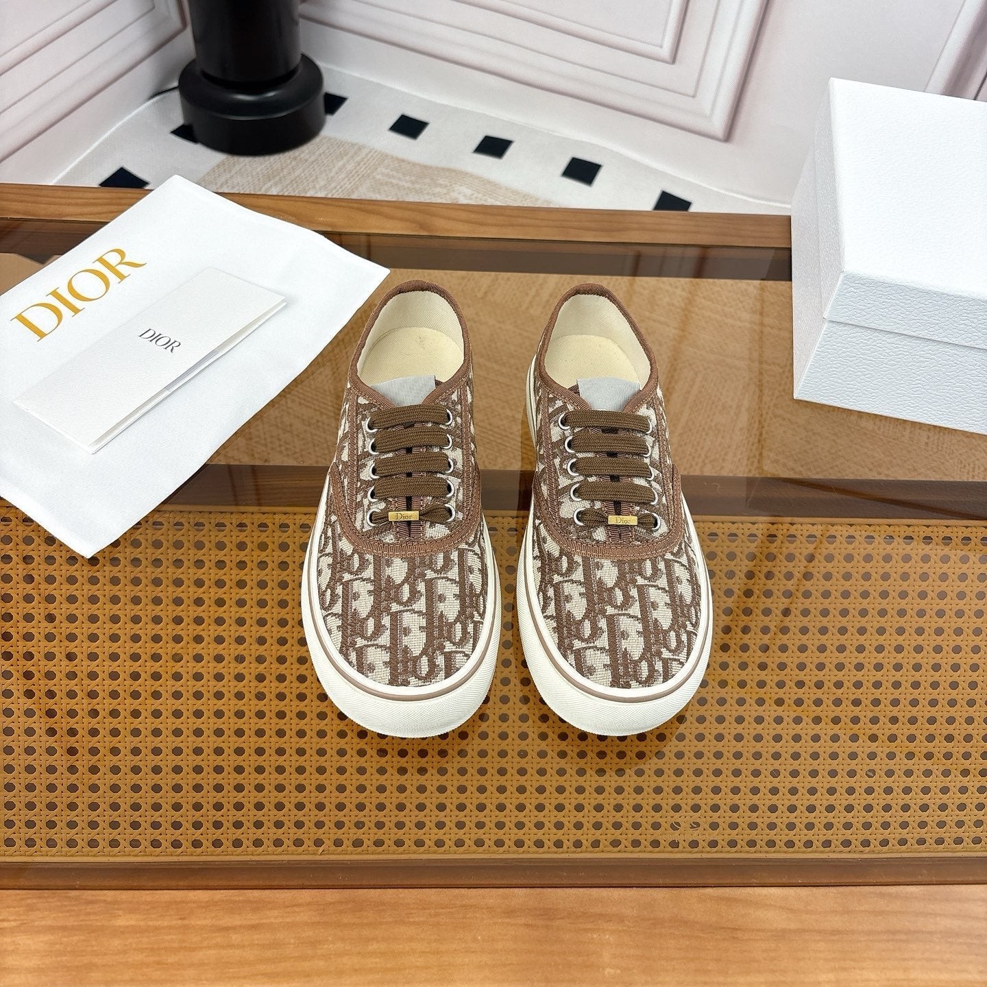 DIOR 26S LOW TOP SNEAKERS IN BROWN OBLIQUE CANVAS WITH RUBBER SOLE