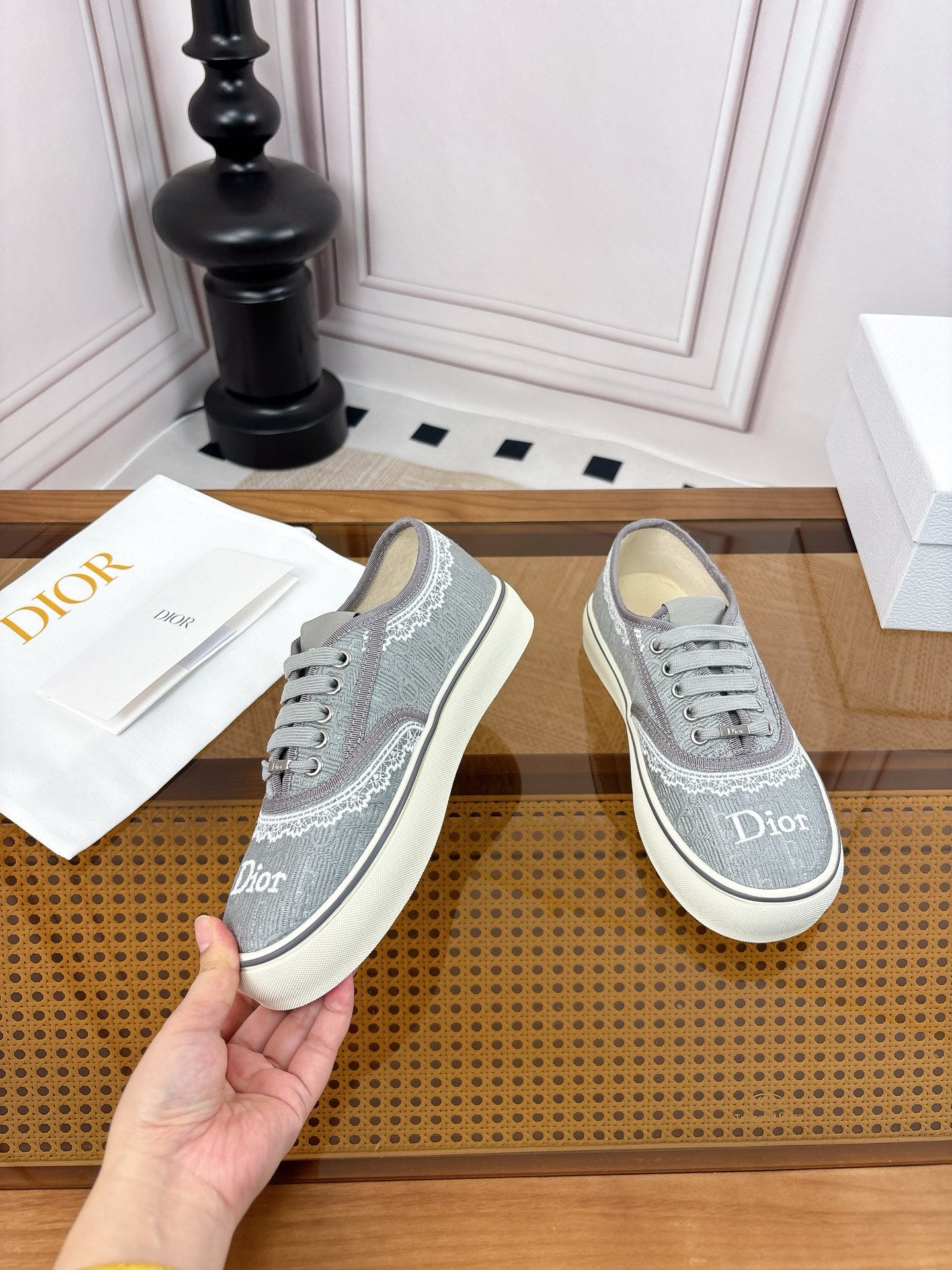 DIOR 26S LOW TOP SNEAKERS IN GREY CANVAS WITH WHITE LACE TRIM & LOGO PRINT