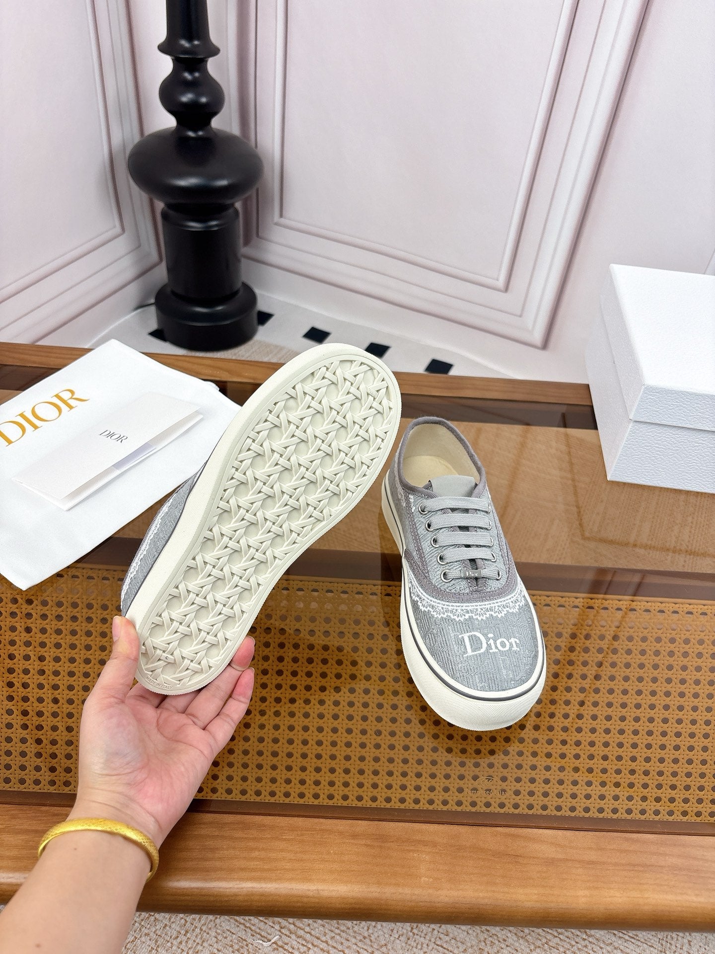 DIOR 26S LOW TOP SNEAKERS IN GREY CANVAS WITH WHITE LACE TRIM & LOGO PRINT