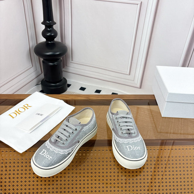 DIOR 26S LOW TOP SNEAKERS IN GREY CANVAS WITH WHITE LACE TRIM & LOGO PRINT