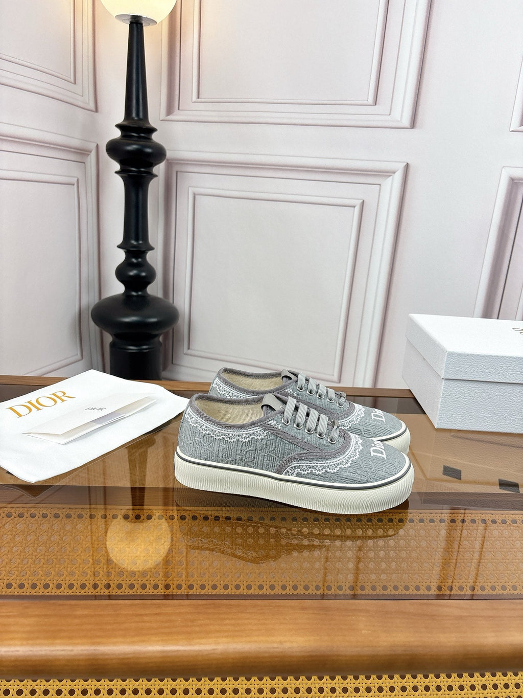 DIOR 26S LOW TOP SNEAKERS IN GREY CANVAS WITH WHITE LACE TRIM & LOGO PRINT
