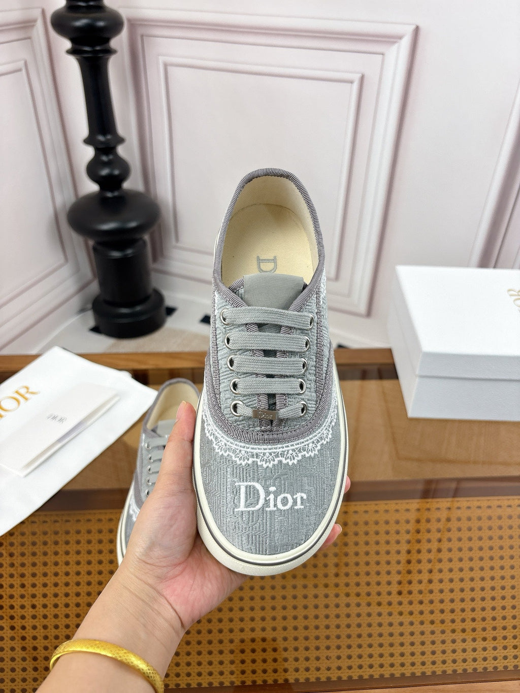 DIOR 26S LOW TOP SNEAKERS IN GREY CANVAS WITH WHITE LACE TRIM & LOGO PRINT