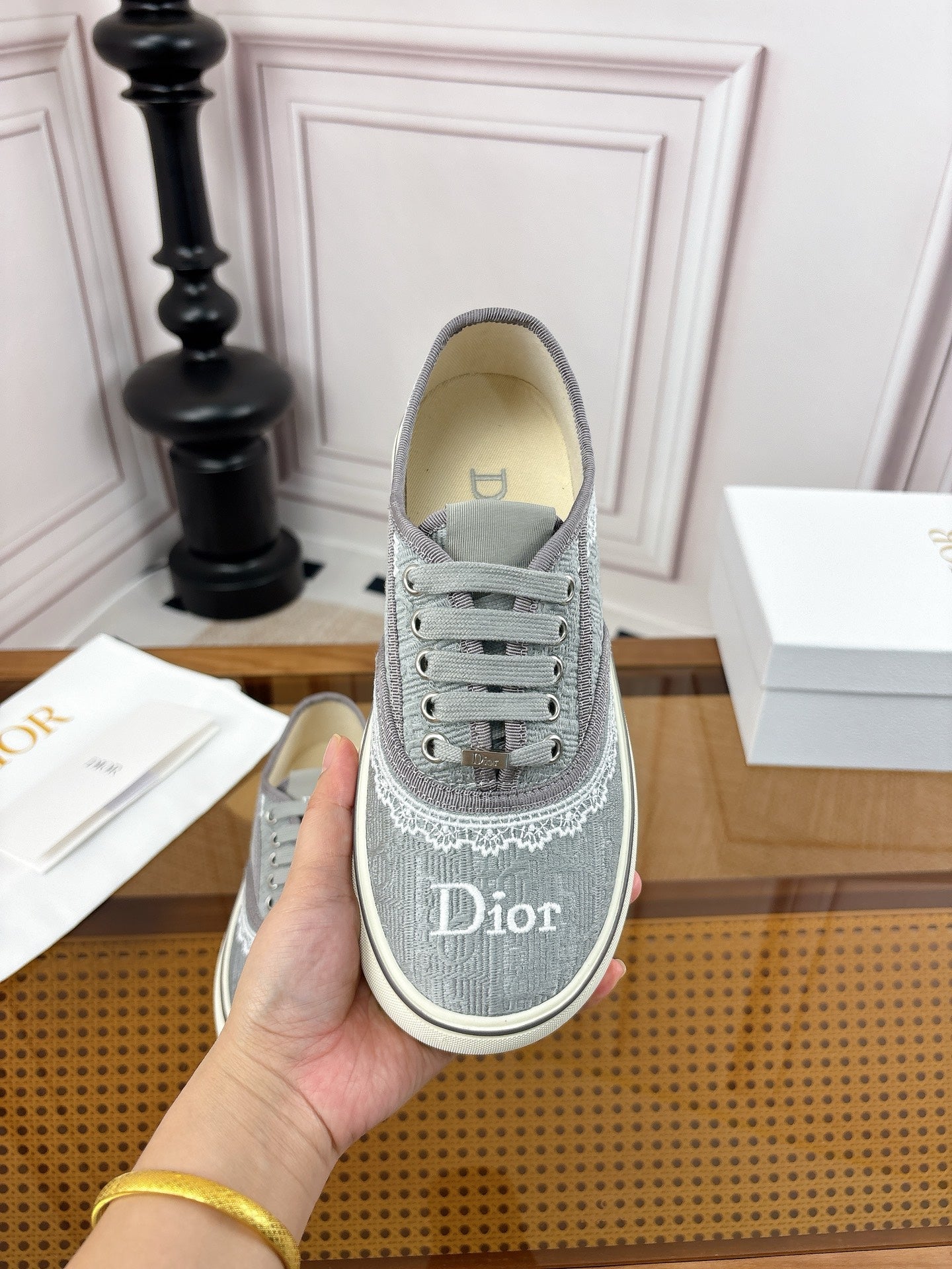 DIOR 26S LOW TOP SNEAKERS IN GREY CANVAS WITH WHITE LACE TRIM & LOGO PRINT